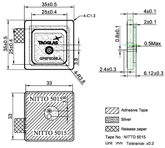 Mechanical Drawing - Taoglas GPSFB356.A Patch Antenna